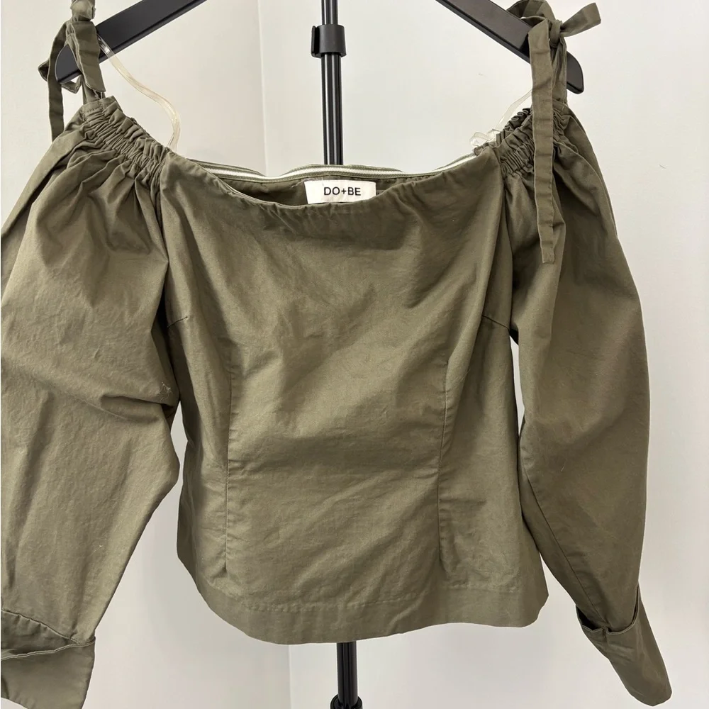DO+BE Moss Green Off-the-Shoulder Puff Sleeve Tie-Strap Blouse (Size M) - Picture 2 of 5